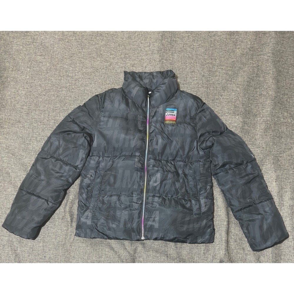 Zumba Wear Small Puffer Jacket Black All Over Print Rainbow Zipper